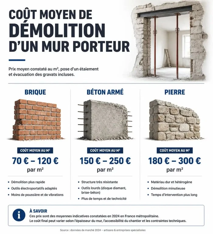 Infographie des prix moyens de démolition d'un mur porteur par type de matériau pour votre projet IPN