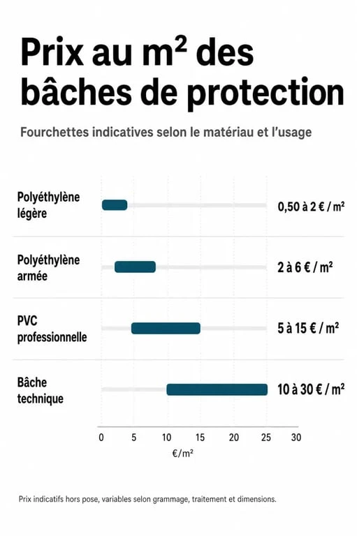 Infographie comparative des prix au m² des bâches de protection selon le grammage et l'usage