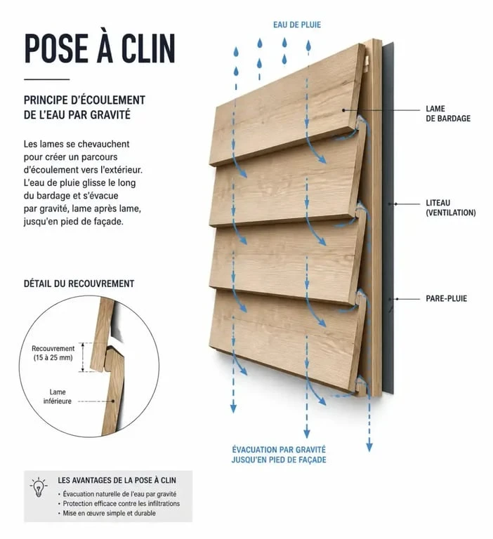 Schéma explicatif du principe de pose à clin pour bardage bois