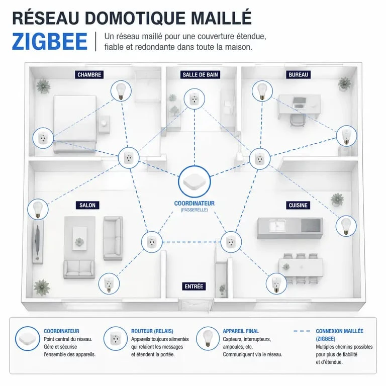 Schéma explicatif du maillage Zigbee pour étendre la portée domotique dans une maison