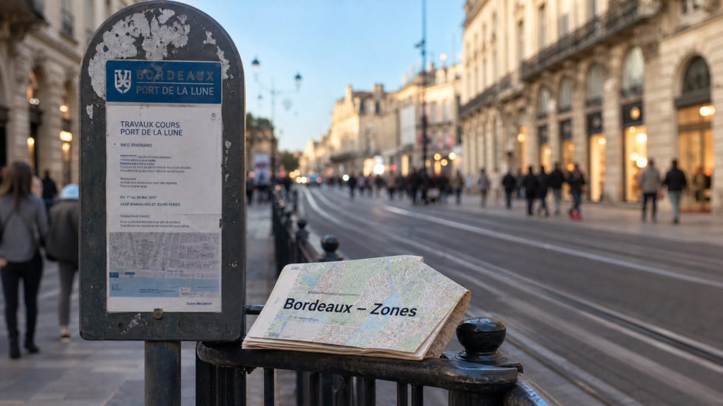 Quartiers de Bordeaux à éviter : zones sensibles, panneau et carte sur une rambarde