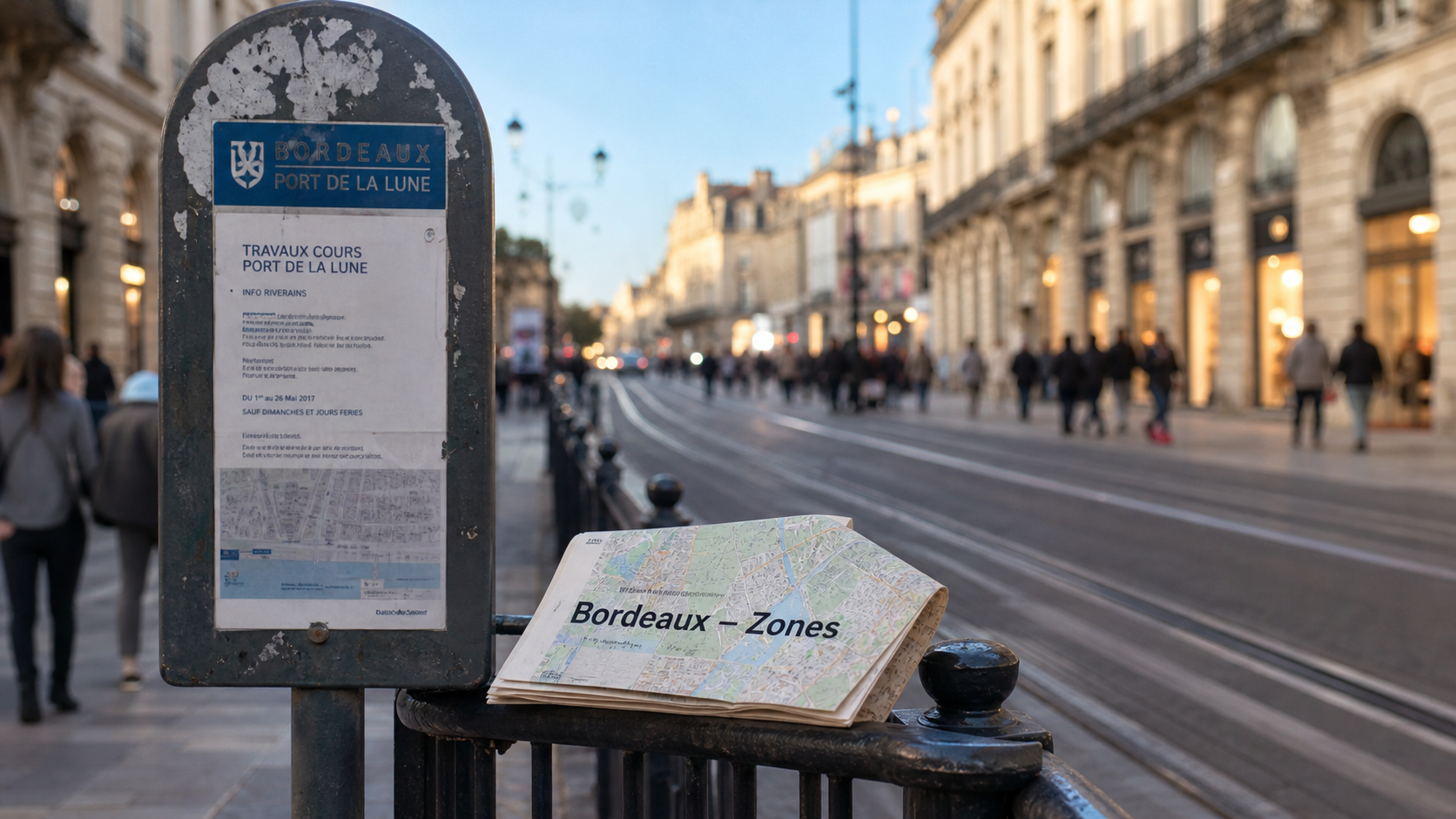 Quartiers de Bordeaux à éviter : zones sensibles, panneau et carte sur une rambarde