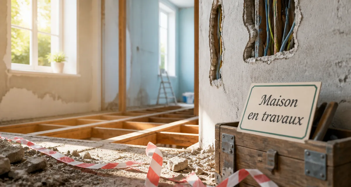 Rêver de maison en travaux : couloir en chantier intérieur, plancher arraché et gravats