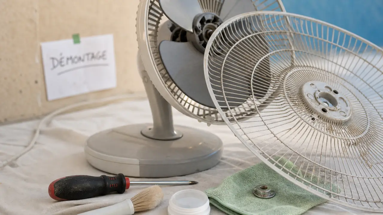 Comment demonter un ventilateur sur pied : écrou et fixations à côté de l’outil