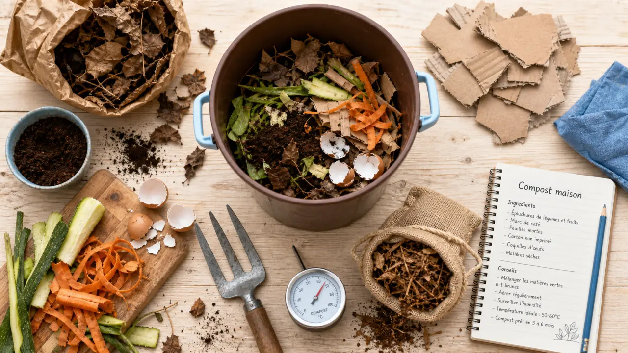 Comment faire du compost : 2/3 humides, 1/3 secs (épluchures, marc de café, feuilles)