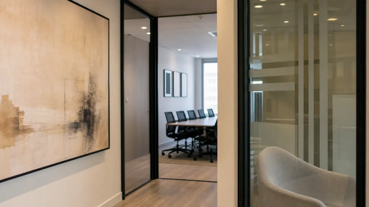 Decoration bureau entreprise : tableaux muraux et vitrophanie en bureau moderne