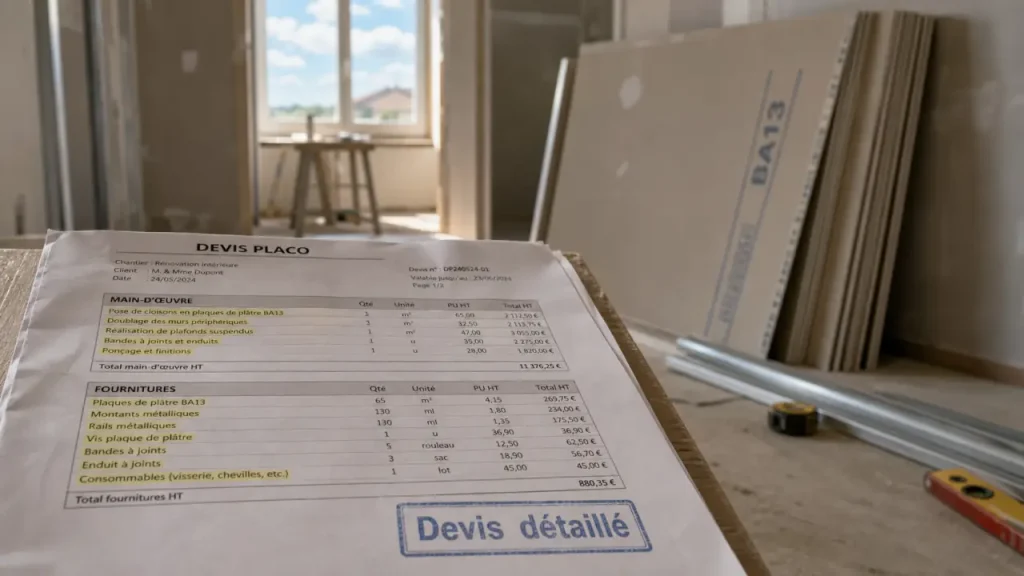 Devis placo : 20 à 60 €/m², et les lignes qui font vraiment varier le prix