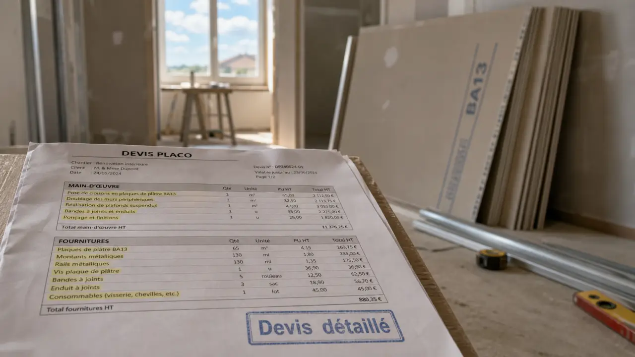 Devis placo en chantier : main-d’œuvre et fournitures, prix au m²