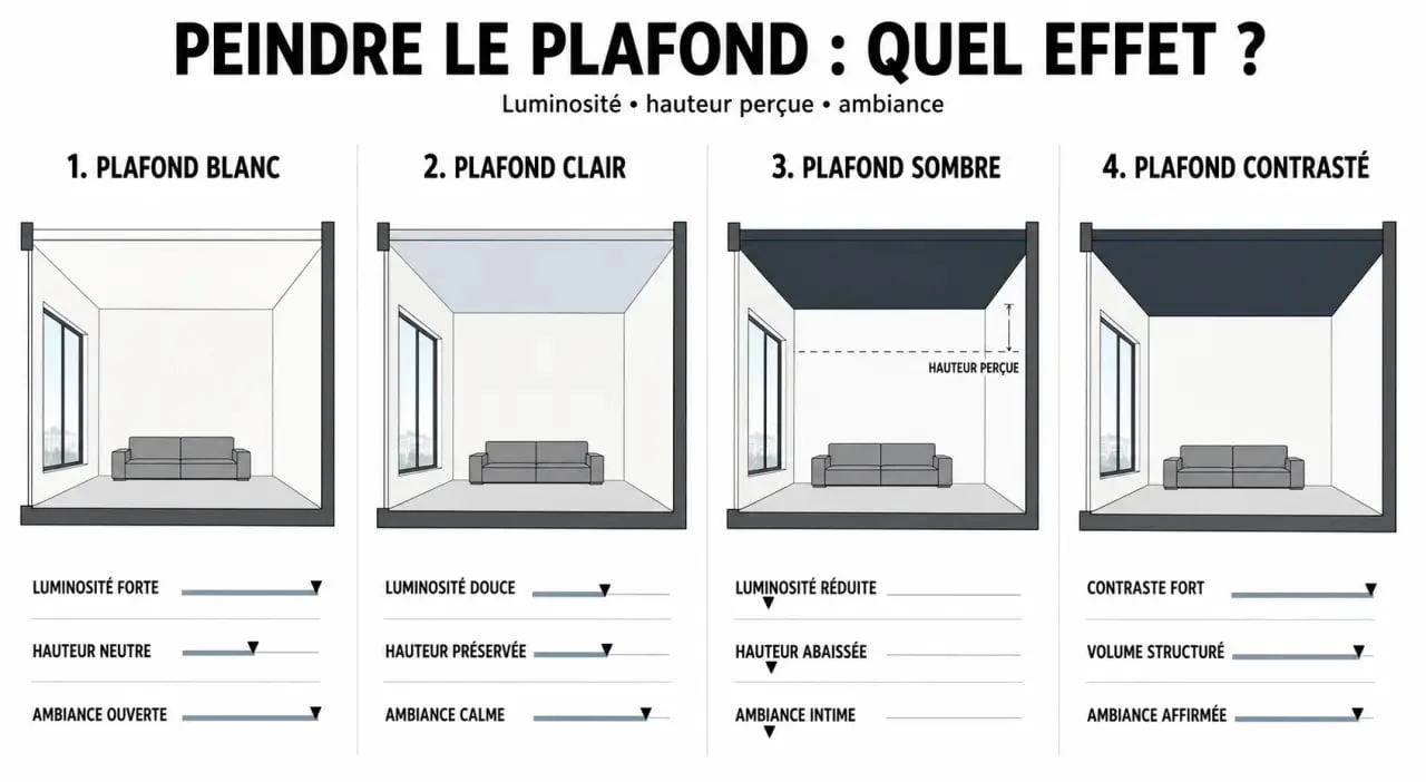 Plafond peinture couleur : comparaison visuelle entre blanc, teintes claires, couleurs sombres et plafond contrasté dans une pièce contemporaine