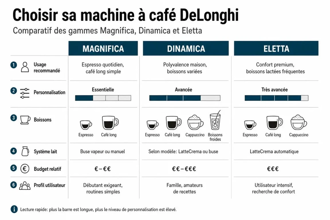 Quelle delonghi choisir : infographie comparative des gammes Magnifica, Dinamica et Eletta