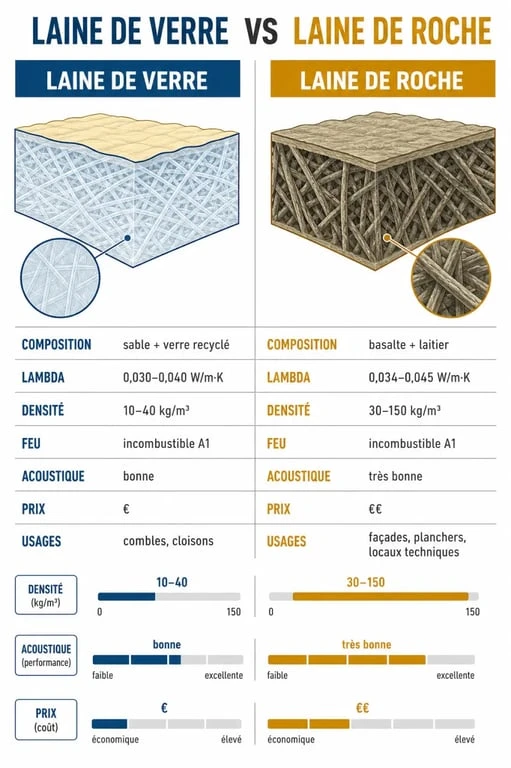 Différence entre laine de verre et laine de roche : comparaison visuelle des performances, du prix et des usages