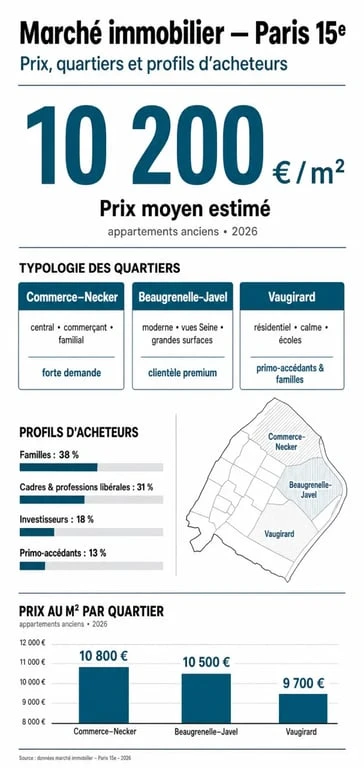 Infographie du marché immobilier et des prix au m² pour un chasseur immobilier à Paris 15