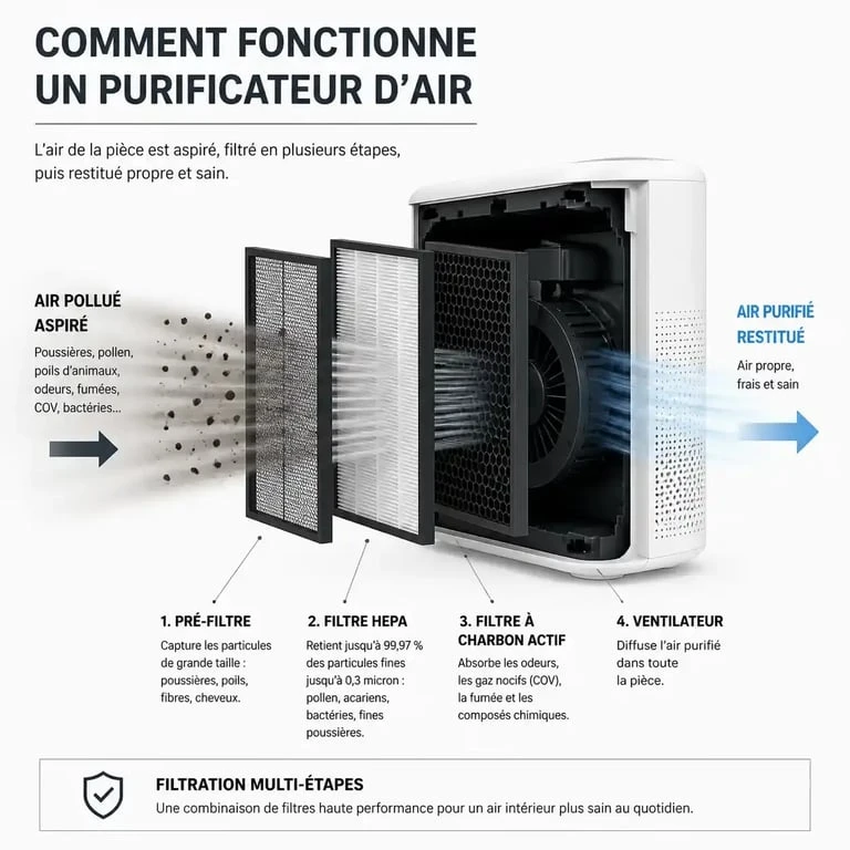 Schéma de fonctionnement d'un purificateur d'air avec filtre HEPA pour le meilleur purificateur d'air