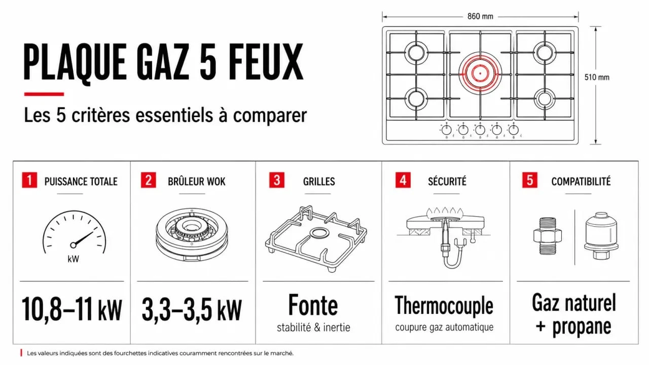 Comparatif des critères pour choisir la meilleur plaque de cuisson gaz 5 feux