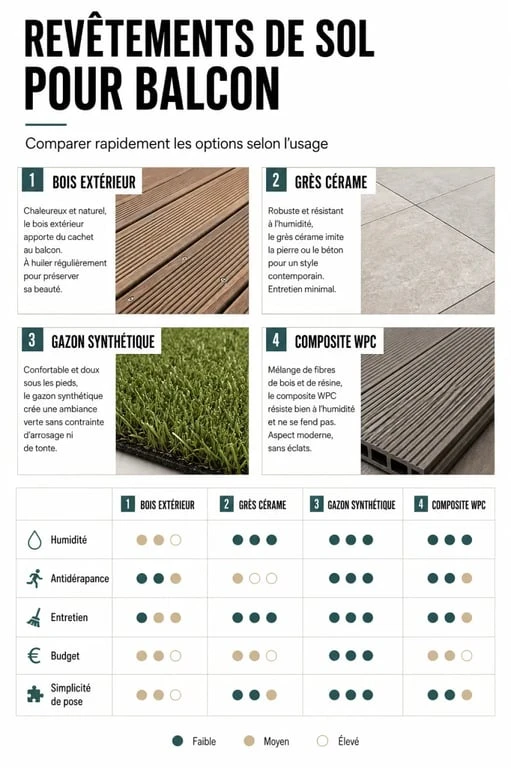 Comparatif des revêtements de sol balcon : bois, carrelage, gazon synthétique et composite WPC
