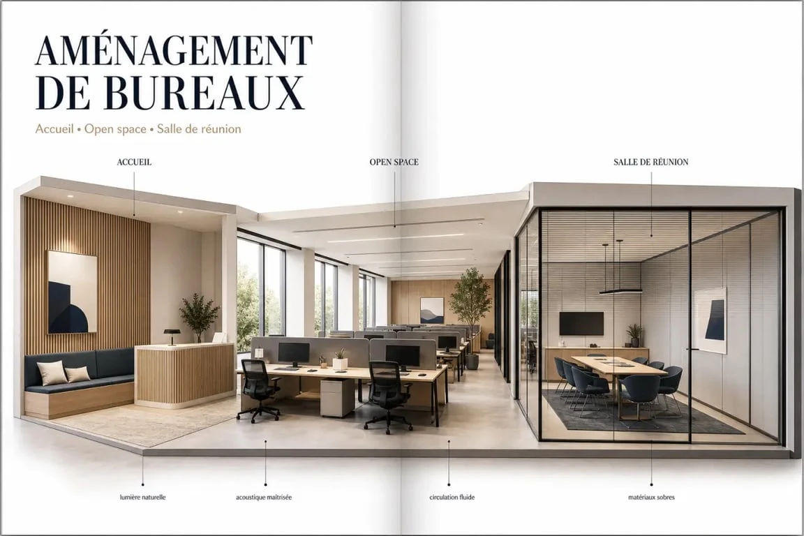 Décoration bureau entreprise dans un espace professionnel moderne avec accueil, open space et salle de réunion
