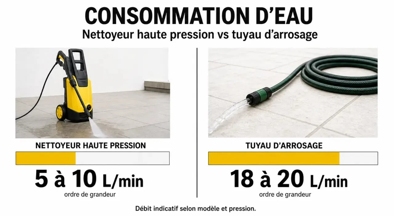 Karcher consommation eau : comparatif visuel entre nettoyeur haute pression et tuyau d’arrosage