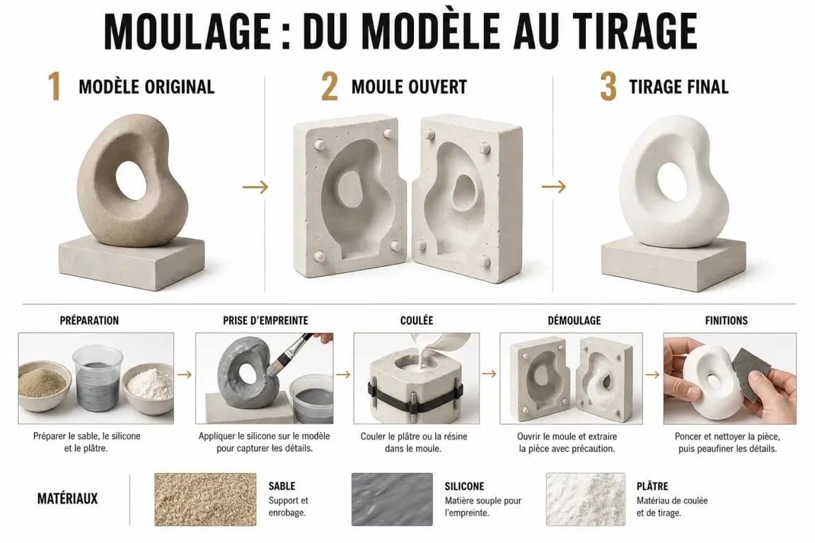 Schéma du moulage montrant le modèle, le moule et le tirage final
