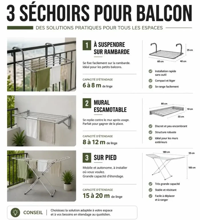Comparatif visuel des différents types de séchoirs pour balcon : modèles sur rambarde, muraux et sur pied pour optimiser l'espace.