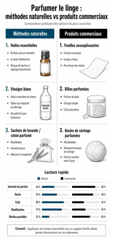 Infographie comparant les astuces naturelles et les produits du commerce pour une bonne odeur au sèche-linge