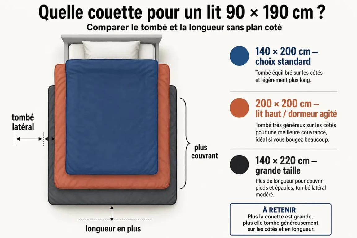 Taille de couette pour lit 90x190 : comparaison visuelle entre 140x200, 200x200 et 140x220