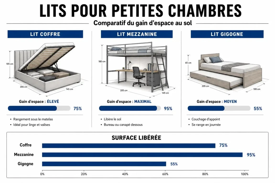 Infographie comparative des types de lits pour petite chambre pour optimiser l'espace