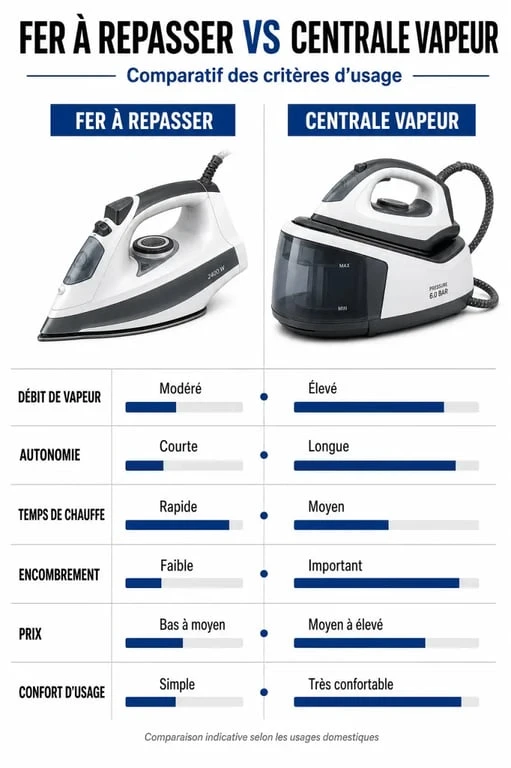 Différence centrale vapeur fer à repasser : infographie comparative des critères essentiels