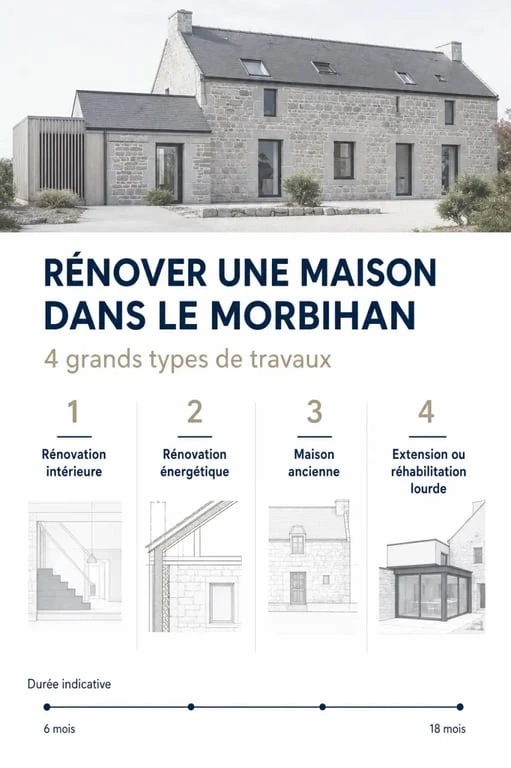 Rénovation maison Morbihan : composition éditoriale comparant les types de travaux et les délais