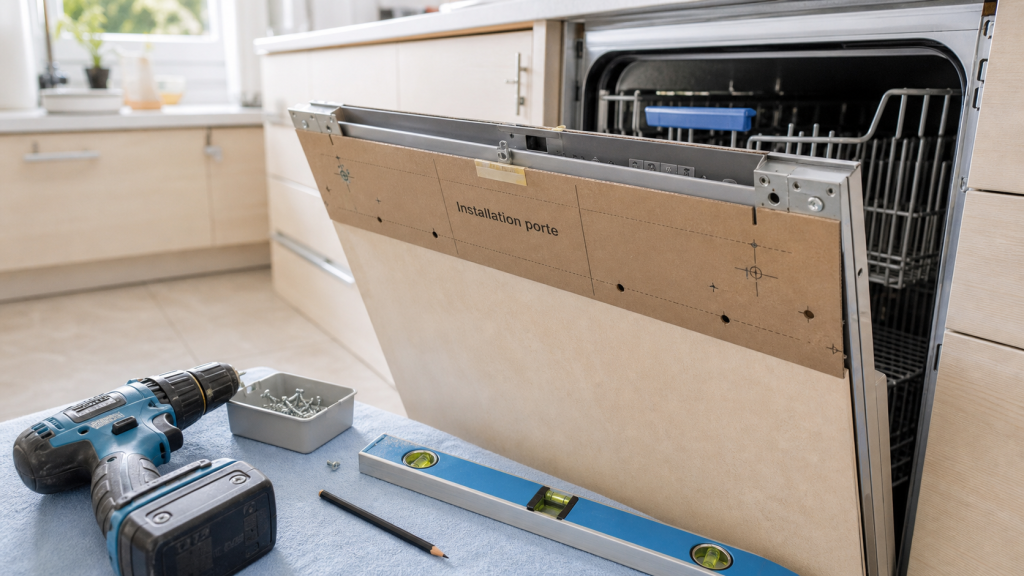Installation porte lave vaisselle encastrable, gabarit de perçage et réglages
