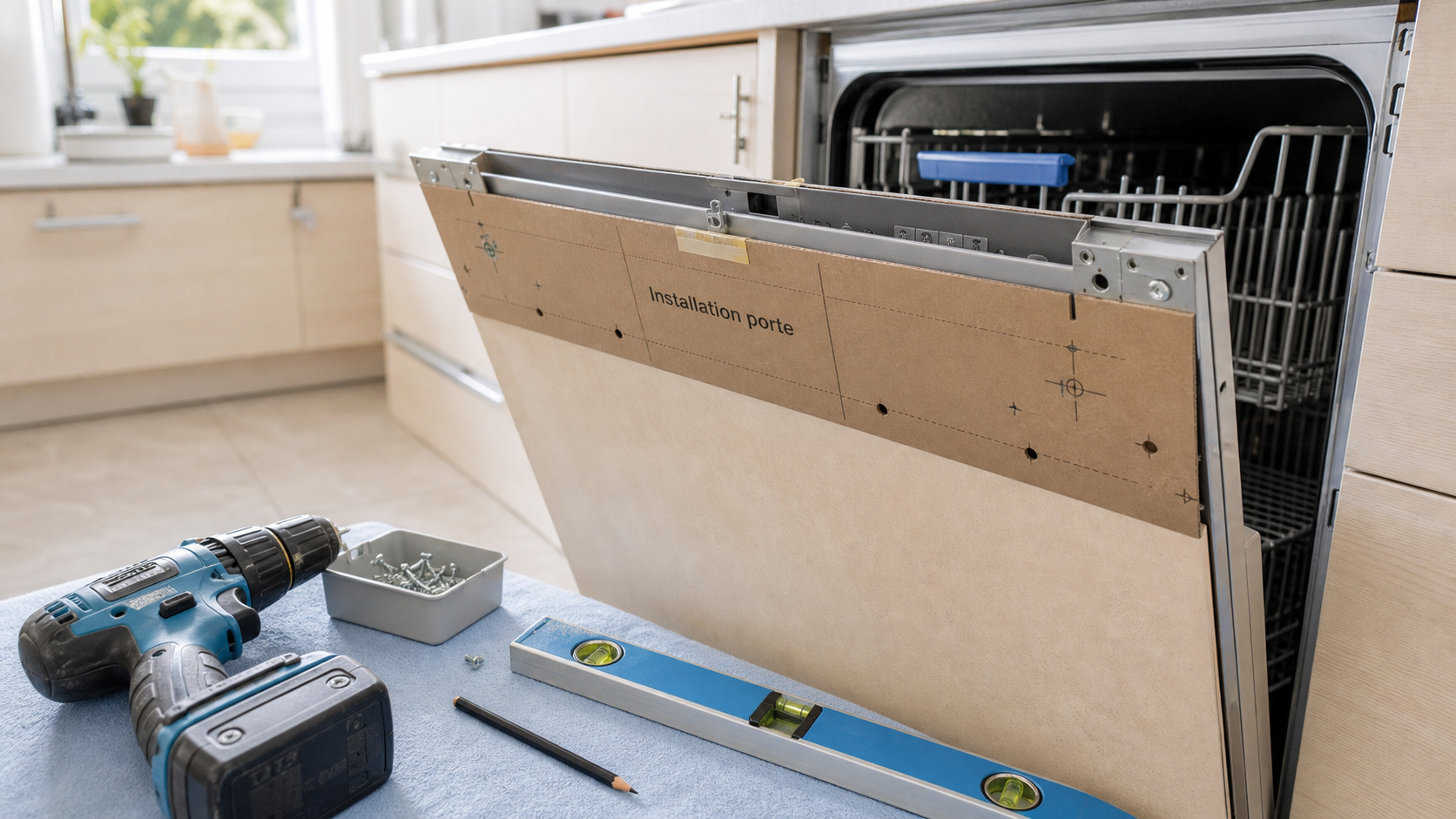 Installation porte lave vaisselle encastrable, gabarit de perçage et réglages