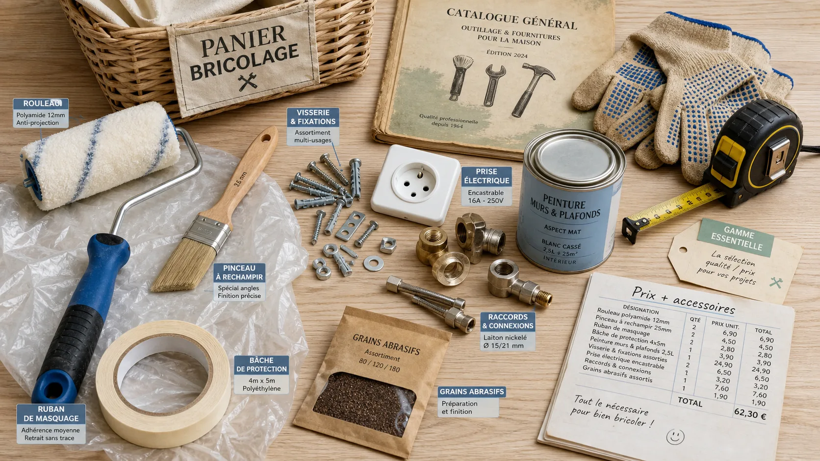 Magasin de bricolage le moins cher : panier d’outils sur table