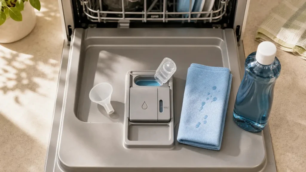 Où mettre le liquide de rinçage lave vaisselle, repère MAX