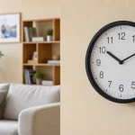 Pendule murale grand diamètre sur mur beige, salon lumineux