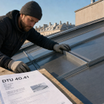 Pente toiture zinc : couvreur vérifie le joint debout sur chantier