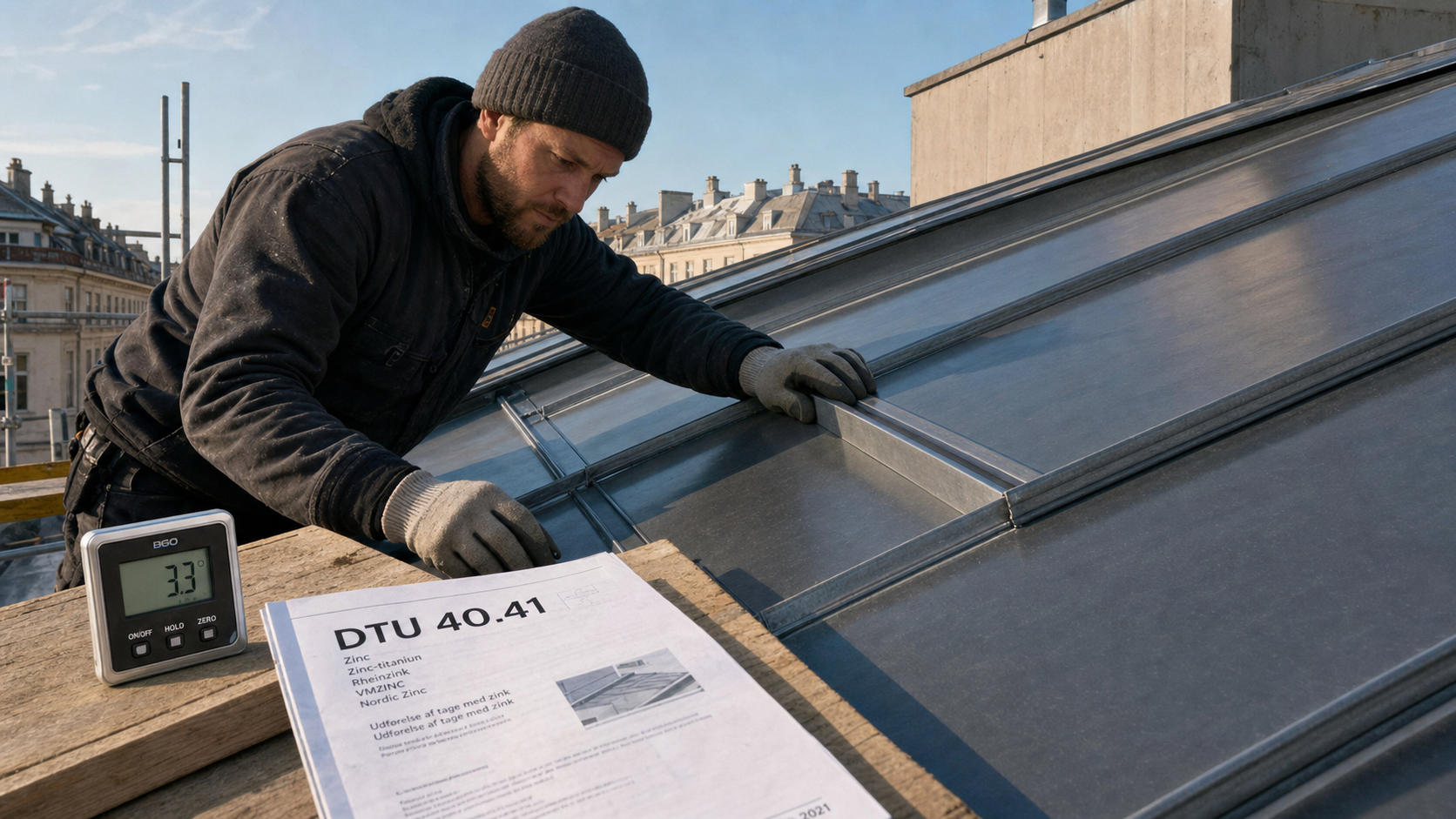 Pente toiture zinc : couvreur vérifie le joint debout sur chantier