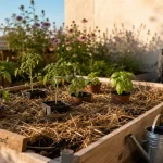 La permaculture au potager : jeunes plants sur paillis de foin, étiquette « Sol vivant »