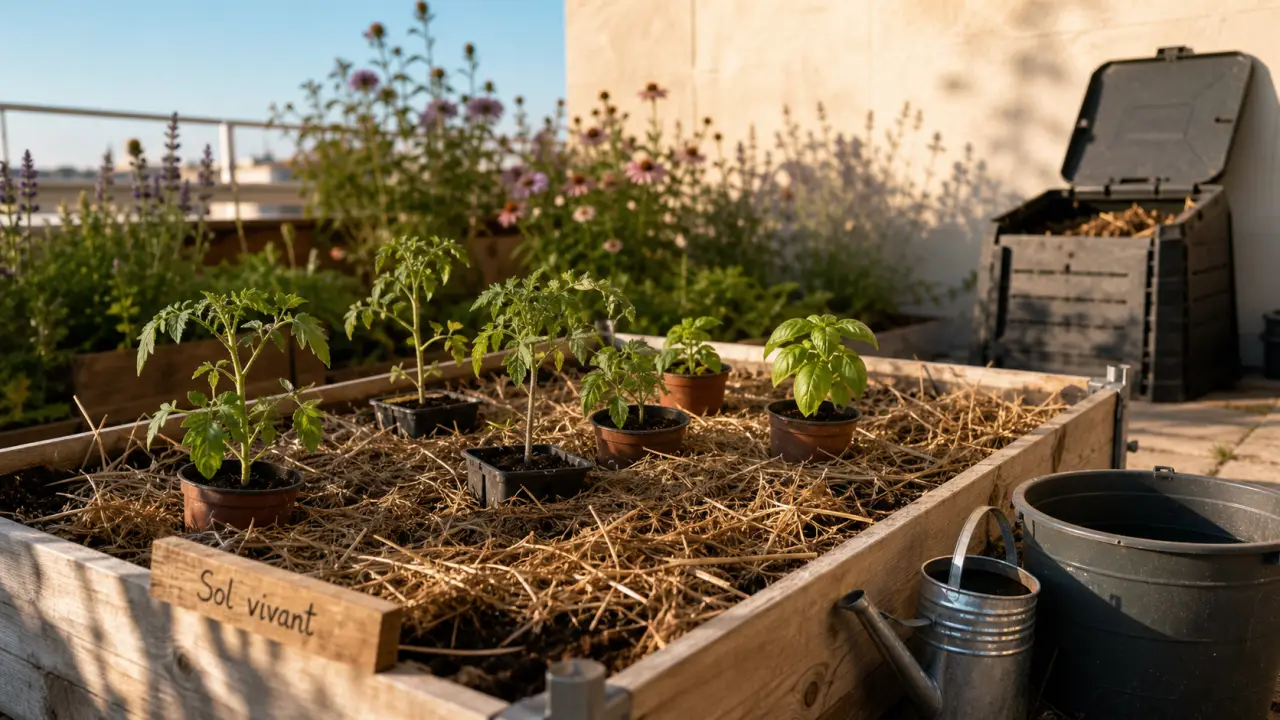 La permaculture au potager : jeunes plants sur paillis de foin, étiquette « Sol vivant »