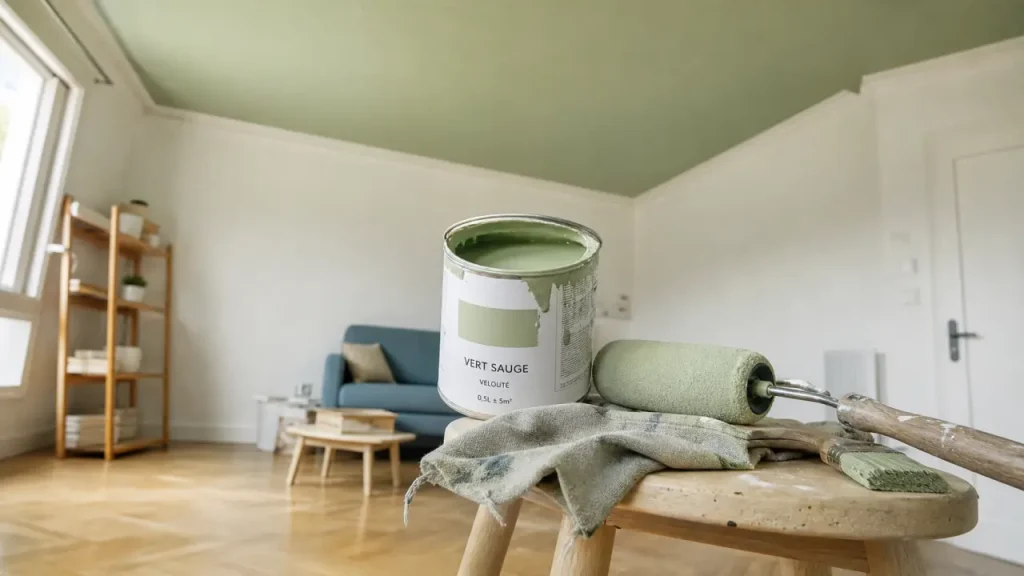Plafond peinture couleur vert sauge, murs blancs, effet lumineux