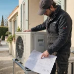 Pompe a chaleur montpellier : technicien pose l’unité extérieure PAC