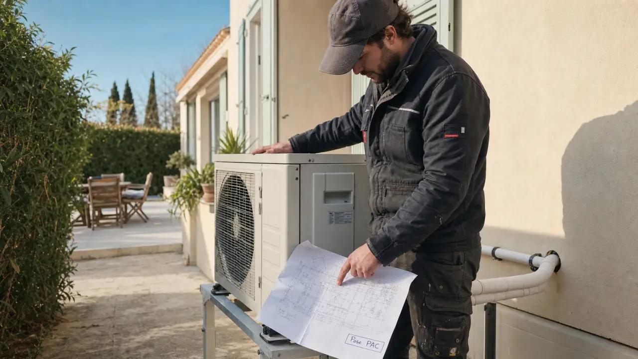 Pompe a chaleur montpellier : technicien pose l’unité extérieure PAC