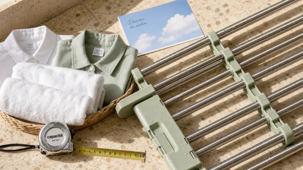sechoir balcon extensible pour linge sur petit espace, serviettes et chemises à sécher