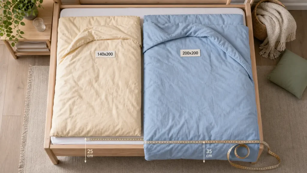 Taille de couette pour lit 90x190 : 140x200 et 200x200