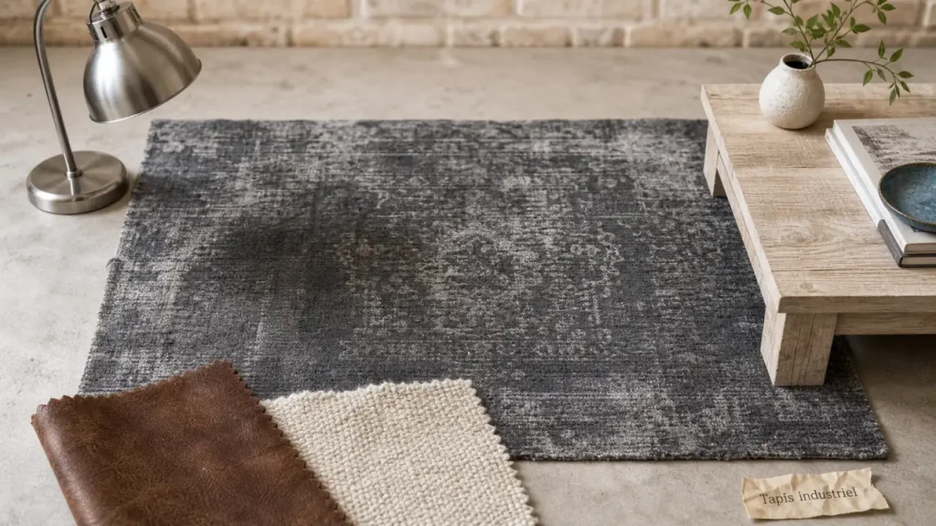 Tapis style industriel gris anthracite sur table en béton, déco loft