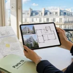 Chasseur immobilier paris 13 en bureau, tablette avec dossiers et plans
