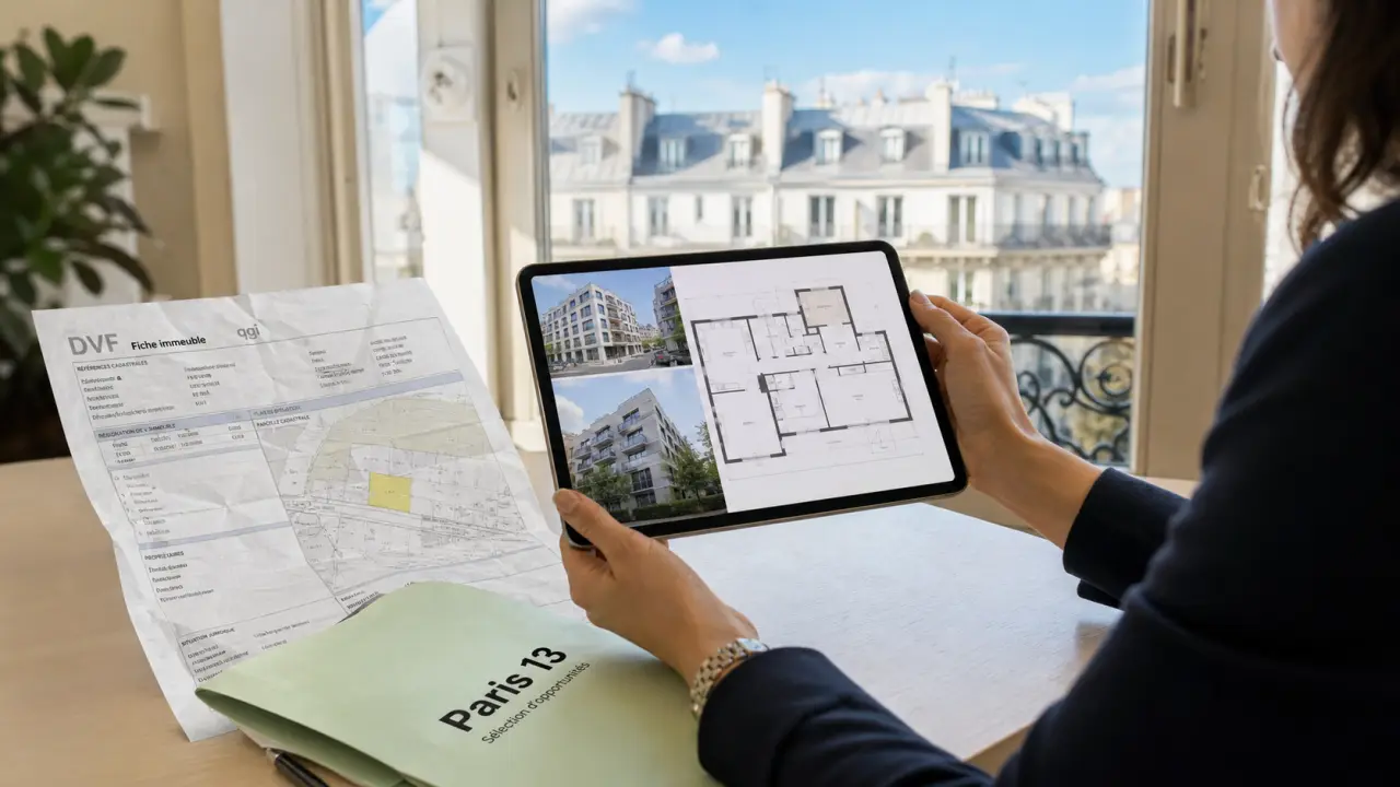Chasseur immobilier paris 13 en bureau, tablette avec dossiers et plans