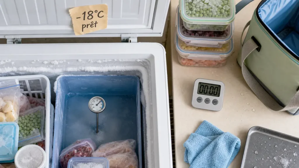 Après dégivrage : attendre -18°C avant de remplir un congélateur, souvent 3 à 6 heures