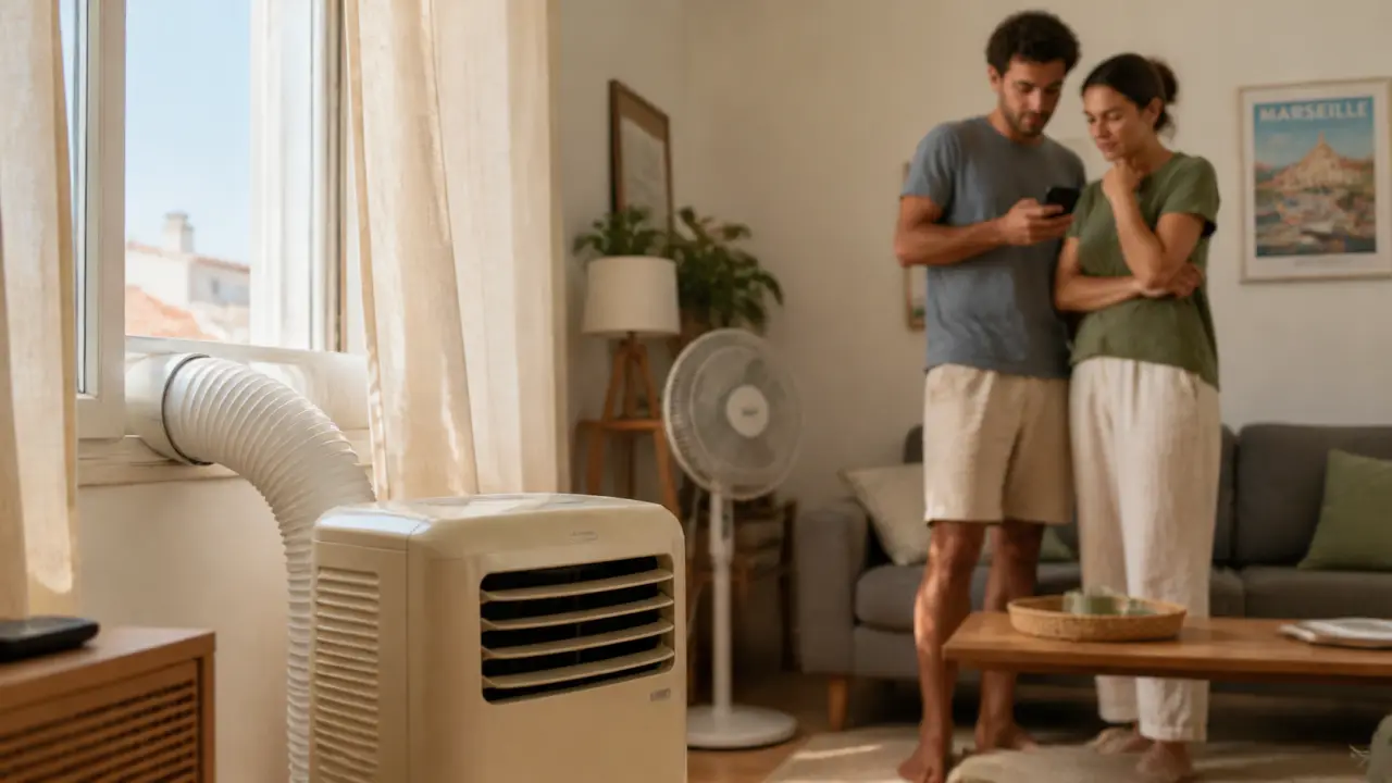 Climatiser un appartement : climatiseur mobile près d’une fenêtre