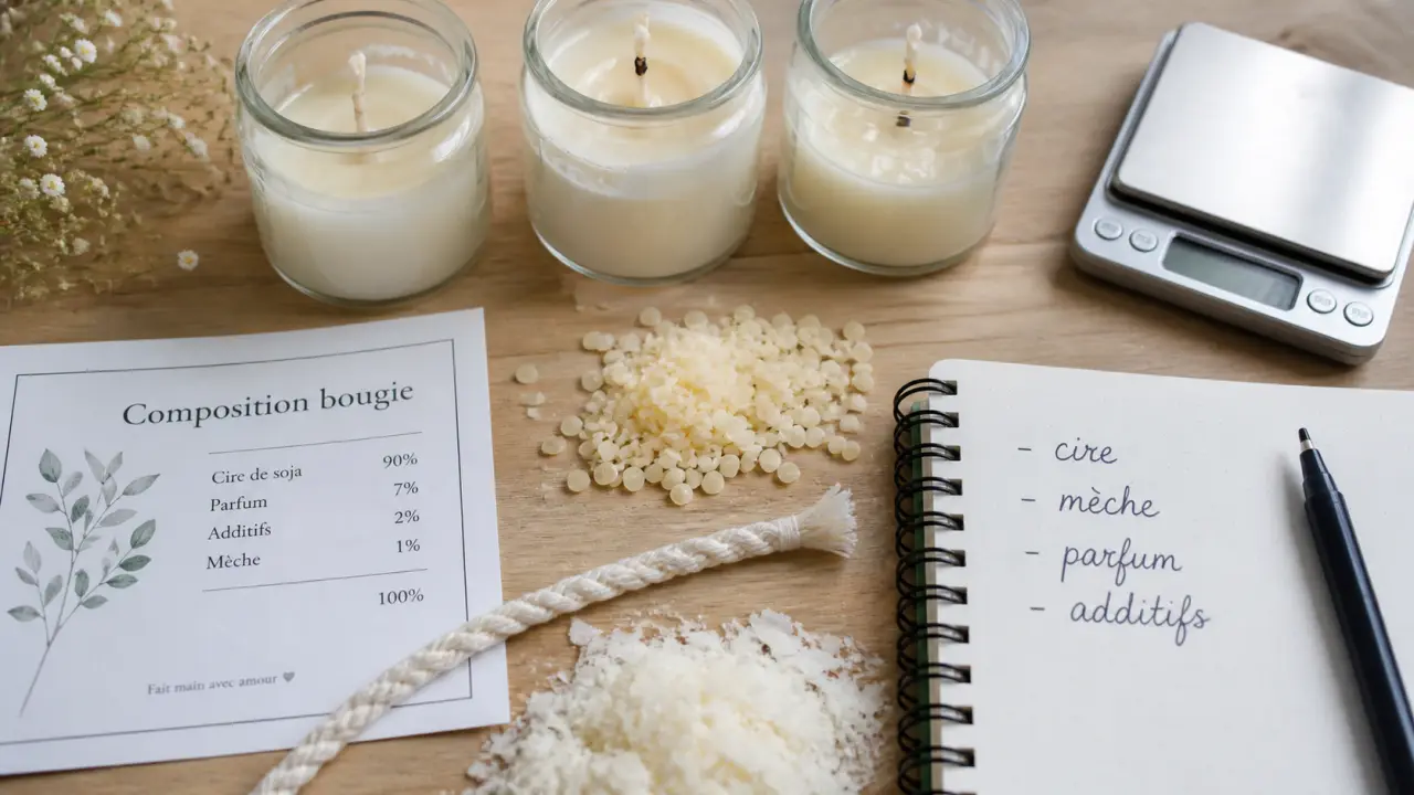 Composition des bougies : cire, mèche et parfum, bougies artisanales en bocaux