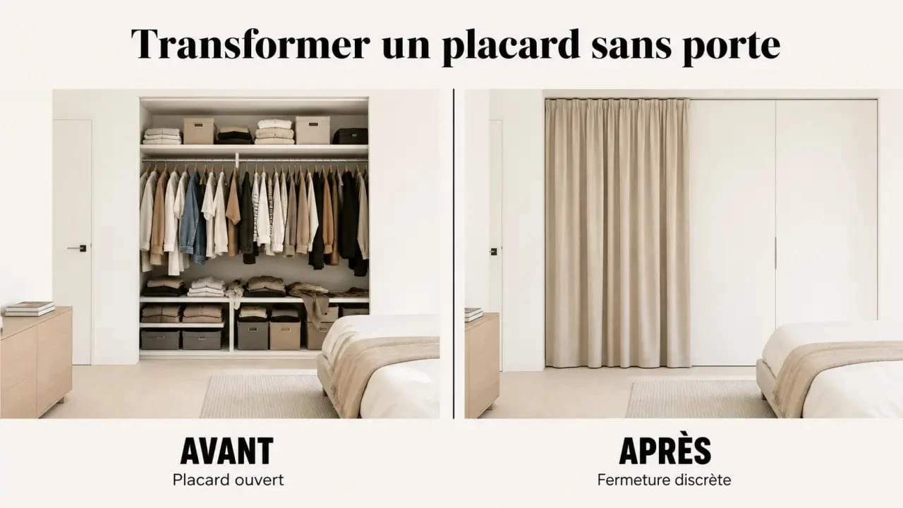 idée pour fermer un placard sans porte avec une solution avant/après en chambre