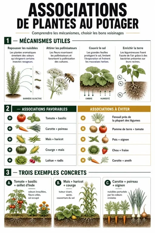 Association de plantes au potager : infographie des associations favorables, défavorables et exemples concrets au potager